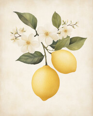 Yellow lemons on branch. Botanical Illustration in Vintage Style	