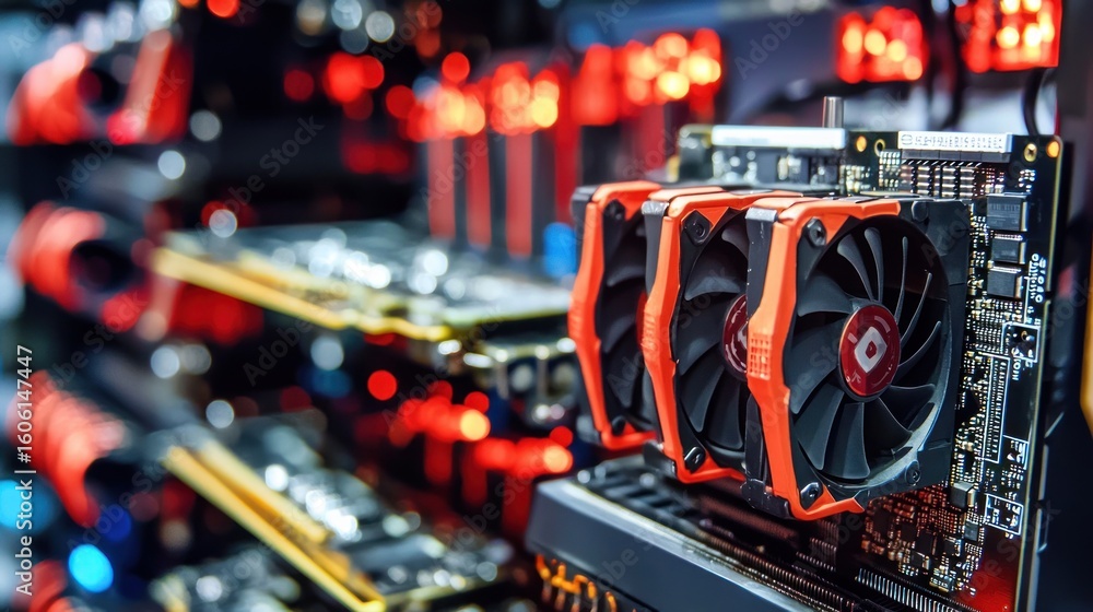 Fototapete a close-up of a computer graphics card with red and black fans, surrounded by other computer compone