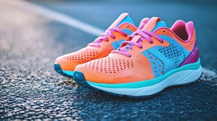 A pair of vibrant orange and blue running shoes on a black asphalt surface with white lines marking the road. The shoes have a mesh upper and a cushioned sole for comfort.