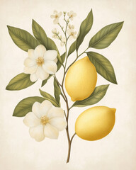 Lemon tree branch with lemon fruit, leaves, flowers. Botanical Illustration in Vintage Style
