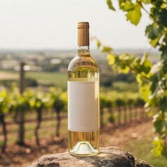 Fototapeta premium White wine bottle blank label vineyard backdrop winery