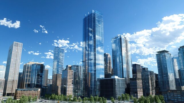 A modern city skyline with glass skyscrapers and a clear blue sky with scattered clouds.