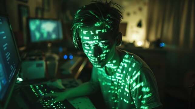 A person at a computer in a dimly lit room, illuminated with green code