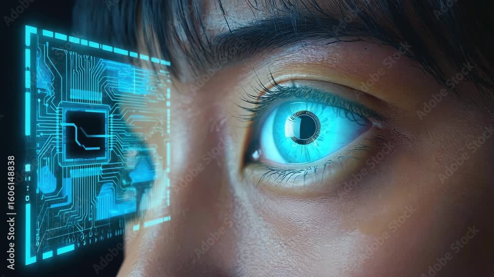 Poster close-up of a human eye with a glowing blue digital interface projected in front of the iris, repres