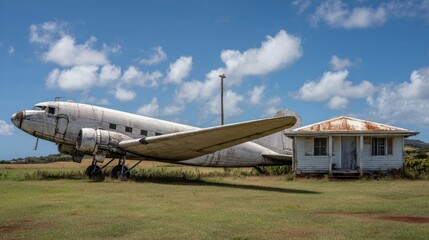 Fototapeta premium Worn white cargo plane missing left wing and tail fin sits on green grass near old wooden pole under blue sky with clouds next to small house in Guadeloupe showing cracks and weathered condition