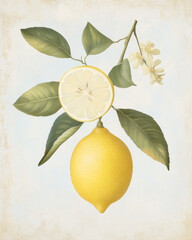 Lemon with leaves on a branch. Botanical Illustration in Vintage Style