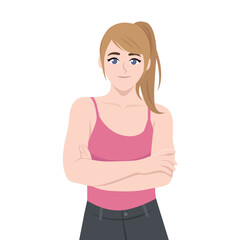 Woman stands with arms crossed, wearing a pink tank top and a confident expression. Flat Vector character illustration