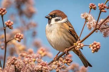 Closeup of eurasian tree sparrow perched on flowering branch wildlife bird photography spring nature scene 100