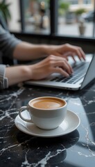 Coffee cup and laptop for remote work concept, productivity, cafe, workspace, typing