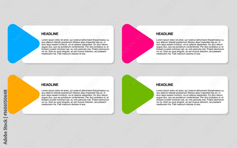 Poster infographic template shows four panels with headlines text and colorful triangle play buttons.