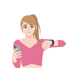 Sporty Woman Checking Smartwatch While Holding Phone. Flat Vector character illustration