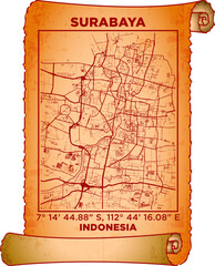 map art Surabaya, Indonesia with coordinates. map poster old parchment paper scroll sheet vintage aged and texture, Historical vintage scrolls treasure map concept. poster design map ancient