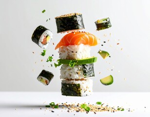 Creative Composition of Sushi Pieces in Mid-Air with Salmon, Avocado, and Seaweed