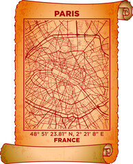 map art Paris, France with coordinates. map poster old parchment paper scroll sheet vintage aged and texture, Historical vintage scrolls treasure map concept. poster design map ancient