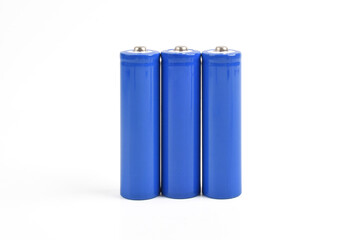 Blue metal AA-size batteries isolated on white background. Carbon zinc batteries, rechargeable...