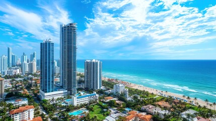 A bustling cityscape with tall buildings, a beach, and a clear blue sky with white clouds.