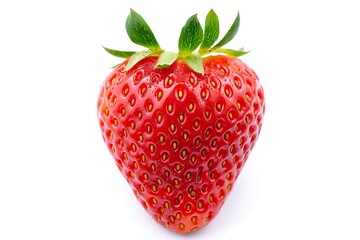 Single ripe red strawberry with green leaves isolated on white background