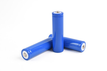 Blue metal AA-size batteries isolated on white background. Carbon zinc batteries, rechargeable...