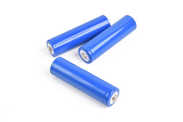 Blue metal AA-size batteries isolated on white background. Carbon zinc batteries, rechargeable batteries, mockup