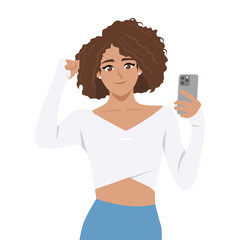 Happy Sporty Woman Holding Smartphone. Flat Vector character illustration