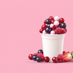 White cup filled with mixed berries, pink background