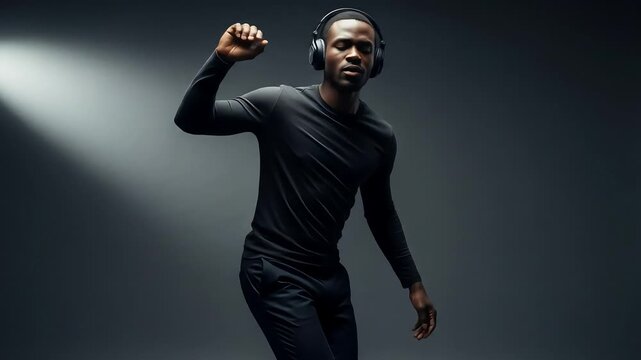 Young Black Man Dancing With Headphones Against Dark Studio Background Illuminated By Spot Light