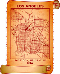 map art Los Angeles, USA with coordinates. map poster old parchment paper scroll sheet vintage aged and texture, Historical vintage scrolls treasure map concept. poster design map ancient