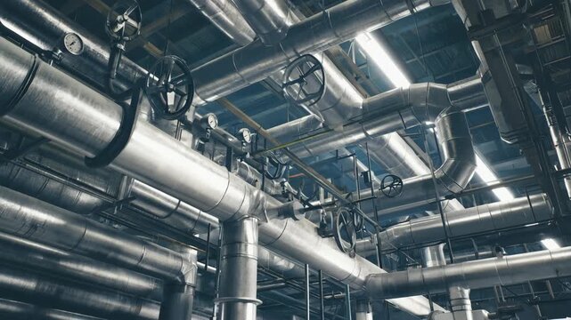 Complex network of shiny metal industrial pipes, valves, and gauges in a factory setting, reflecting the structure and functionality of modern manufacturing, ventilation, and heavy engineering systems