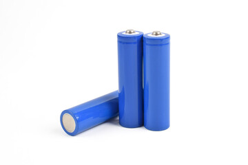 Blue metal AA-size batteries isolated on white background. Carbon zinc batteries, rechargeable batteries, mockup