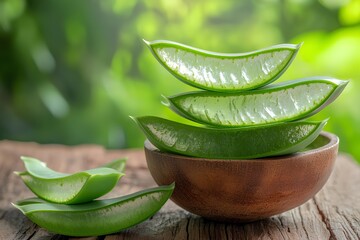 Fresh Aloe Vera Gel Slices in Wooden Bowl on Rustic Table