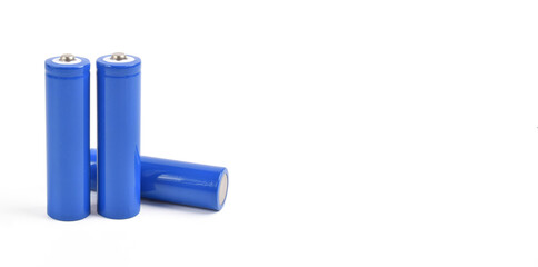 Blue metal AA-size batteries isolated on white background. Carbon zinc batteries, rechargeable...