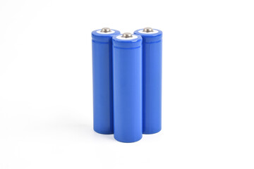 Blue metal AA-size batteries isolated on white background. Carbon zinc batteries, rechargeable batteries, mockup
