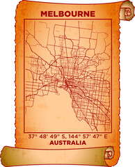 map art Melbourne, Australia with coordinates. map poster old parchment paper scroll sheet vintage aged and texture, Historical vintage scrolls treasure map concept. poster design map ancient