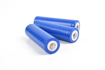 Blue metal AA-size batteries isolated on white background. Carbon zinc batteries, rechargeable...