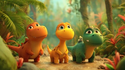 Three animated dinosaur characters standing together in a lush, prehistoric forest setting.