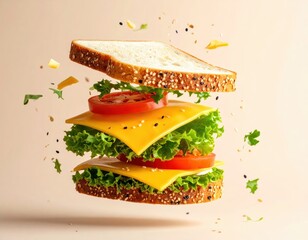 Exploded View of a Delicious Sandwich with Cheese, Tomato, and Lettuce on Seeded Bread Floating in the Air