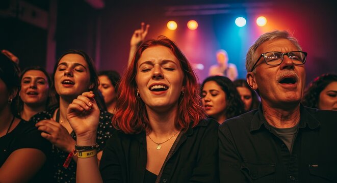 Diverse crowd passionately enjoying live music performance in a vibrant venue