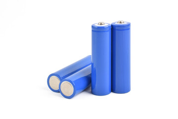 Alkaline batteries and a blue metal AA-size batteries isolated on white background, mockup