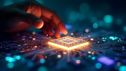 A futuristic close-up of a glowing AI microchip surrounded by neural circuits, with a human hand interacting through a holographic touchscreen. 