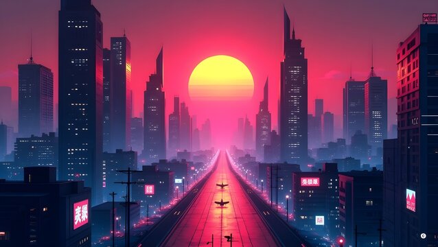 A neon-lit retro-futuristic city skyline under a glowing purple-pink sun, with glowing skyscrapers. The night sky is filled with stars, creating a nostalgic 1980s digital fantasy aesthetic. - Powered by Adobe