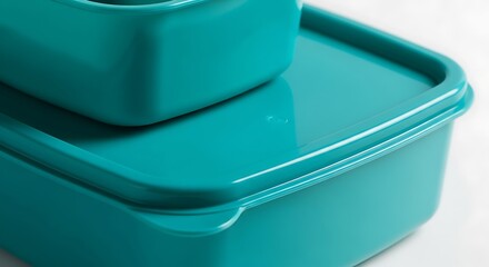 Teal plastic food storage containers stacked together.