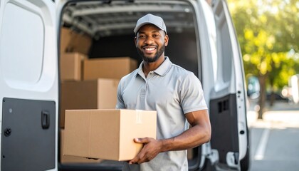 A delivery European man holding a parcel box and standing confidently in front of his delivery van. Suitable for marketing or business purposes. Panoramic banner with place for text