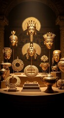 Gold artifacts displayed on a museum exhibit.