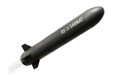 Fototapeta premium RS-28 Sarmat ICBM Mid-Flight on White Background – Global Power Symbol