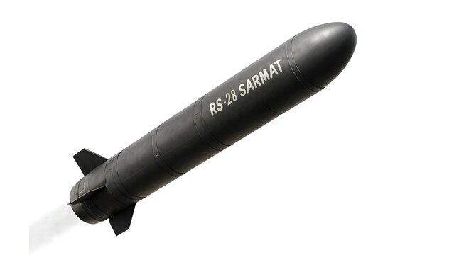 RS-28 Sarmat ICBM Mid-Flight on White Background &ndash; Global Power Symbol