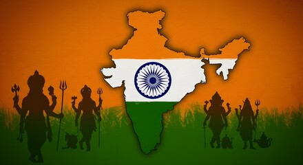 Map of India with flag colour andsilhouette of Hindu god