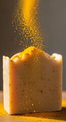 Turmeric powder being sprinkled onto a bar of soap.