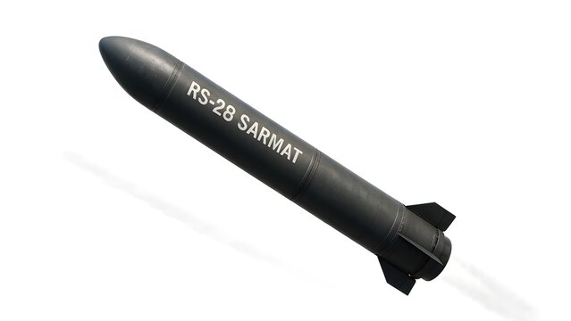 RS-28 Sarmat ICBM Mid-Flight on White Background &ndash; Global Power Symbol