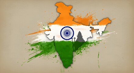 Map of India with flag colour andsilhouette of Hindu god