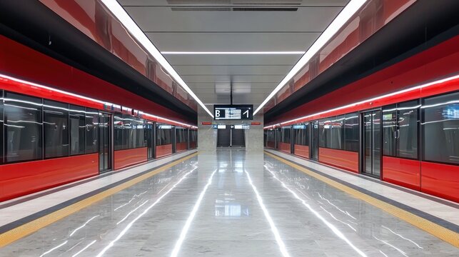 A modern, sleek subway station with red and black accents, featuring a clean, white marble floor and a red and black train on the tracks.
